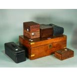 A 19th century brass bound writing slope five further hardwood boxes and two leather boxes