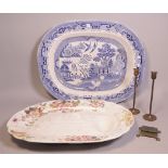 Ceramics, a blue and white decorated meat plate and another later (2)