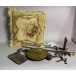 Collectibles to include; a tapestry cushion, a set of bayonet firearms and brass scales