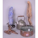 Collectibles, including a vintage sprinkler, kettle, carved wooden figure and sundry.