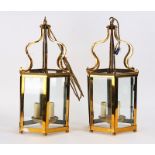 A PAIR OF GILT-BRASS HEXAGONAL HALL LANTERNS