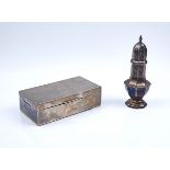 A SILVER SUGAR CASTER AND A TABLE CIGARETTE BOX (2)