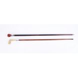 AN ART NOUVEAU SILVER MOUNTED AMBER WALKING CANE AND ANOTHER (2)