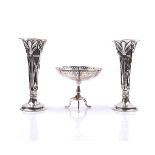 A SILVER BONBON STAND AND A PAIR OF SILVER VASES (3)