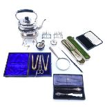 A PLATED TEA KETTLE AND STAND AND FURTHER ITEMS (10)