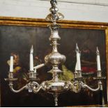 A QUEEN ANNE STYLE SILVERED-METAL SIX LIGHT CHANDELIER