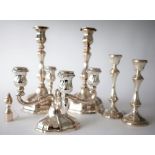 A PAIR OF CONTINENTAL PLATED TABLE CANDLESTICKS AND THREE FURTHER ITEMS (6)