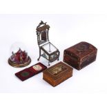 A FRENCH NOVELTY JEWELLERY CASKET, A TOLE PEINTE BOX AND FURTHER ITEMS (5)