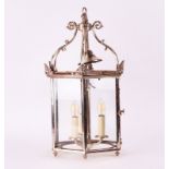 A GEORGE III STYLE SILVERED-METAL HEXAGONAL HALL LANTERN