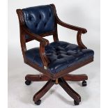 A MODERN STAINED BEECH AND LEATHER UPHOLSTERED OFFICE OPEN ARMCHAIR