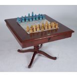 A MODERN STAINED BEECH AND INSET TILED TOP CHESS TABLE