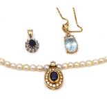 A GOLD, SAPPHIRE, DIAMOND AND CULTURED PEARL NECKLACE AND THREE FURTHER ITEMS (4)