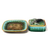 A GEORGE JONES MAJOLICA SARDINE BOX, COVER AND STAND