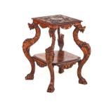 AN EASTERN CARVED HARDWOOD SQUARE TWO TIER OCCASIONAL TABLE