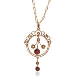 A GOLD, GARNET AND SEED PEARL PENDANT WITH A NECKCHAIN (2)