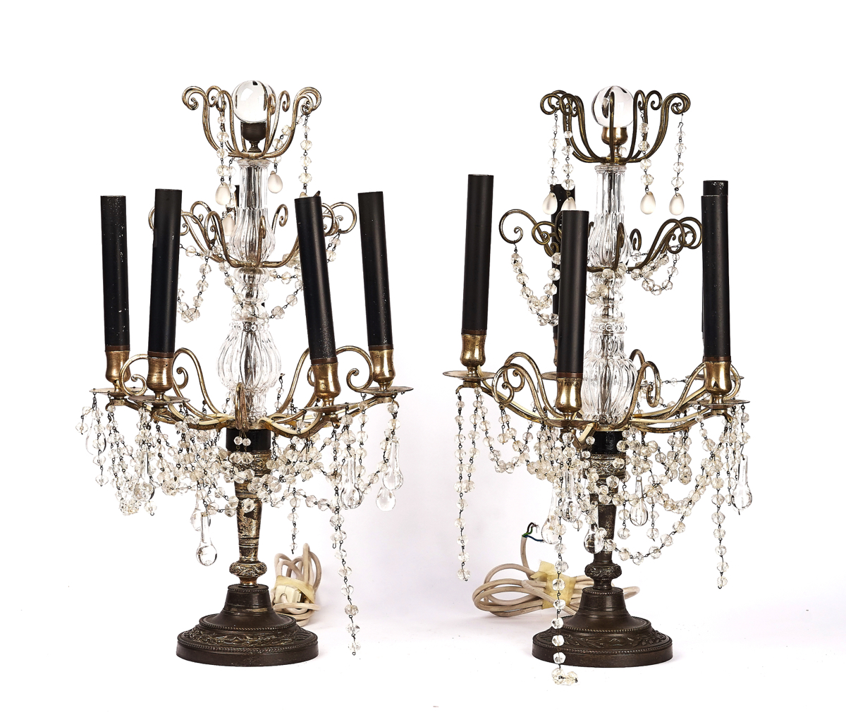 A PAIR OF FRENCH METAL AND GLASS FIVE-LIGHT CANDELABRA