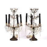 A PAIR OF FRENCH METAL AND GLASS FIVE-LIGHT CANDELABRA