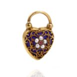 A GOLD, BLUE ENAMELLED AND GEM SET HEART SHAPED LOCKET CLASP