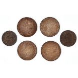 A GEORGE II SHILLING AND FIVE FURTHER COINS (6)