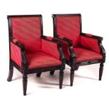 A PAIR OF SQUARE BACK EASY ARMCHAIRS (2)