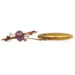A 9CT GOLD AND AMETHYST BAR BROOCH AND ANOTHER BROOCH (2)