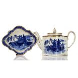 A NEW HALL BLUE AND WHITE SILVER-SHAPED TEAPOT, COVER AND STAND