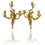 A PAIR OF FRENCH LOUIS XV STYLE ORMOLU THREE-LIGHT WALL APPLIQUÉS