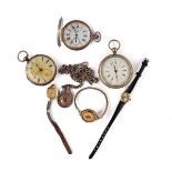 AN OMEGA 9CT GOLD CASED LADY'S WRISTWATCH, FURTHER WATCHES AND A SILVER WATCH ALBERT CHAIN (7)