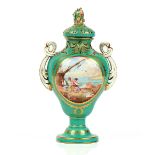 A SEVRES LATER DECORATED GREEN-GROUND POT POURRI VASE AND COVER
