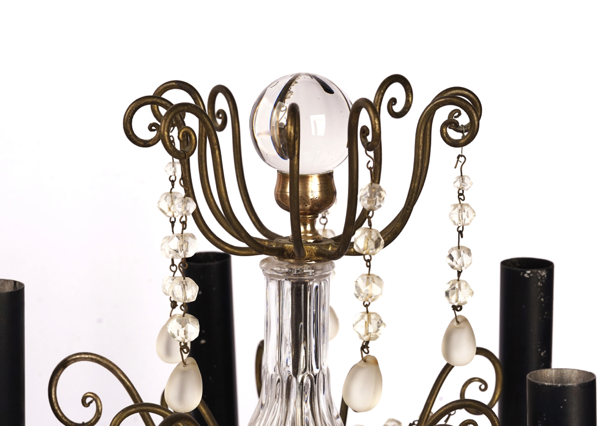 A PAIR OF FRENCH METAL AND GLASS FIVE-LIGHT CANDELABRA - Image 3 of 4