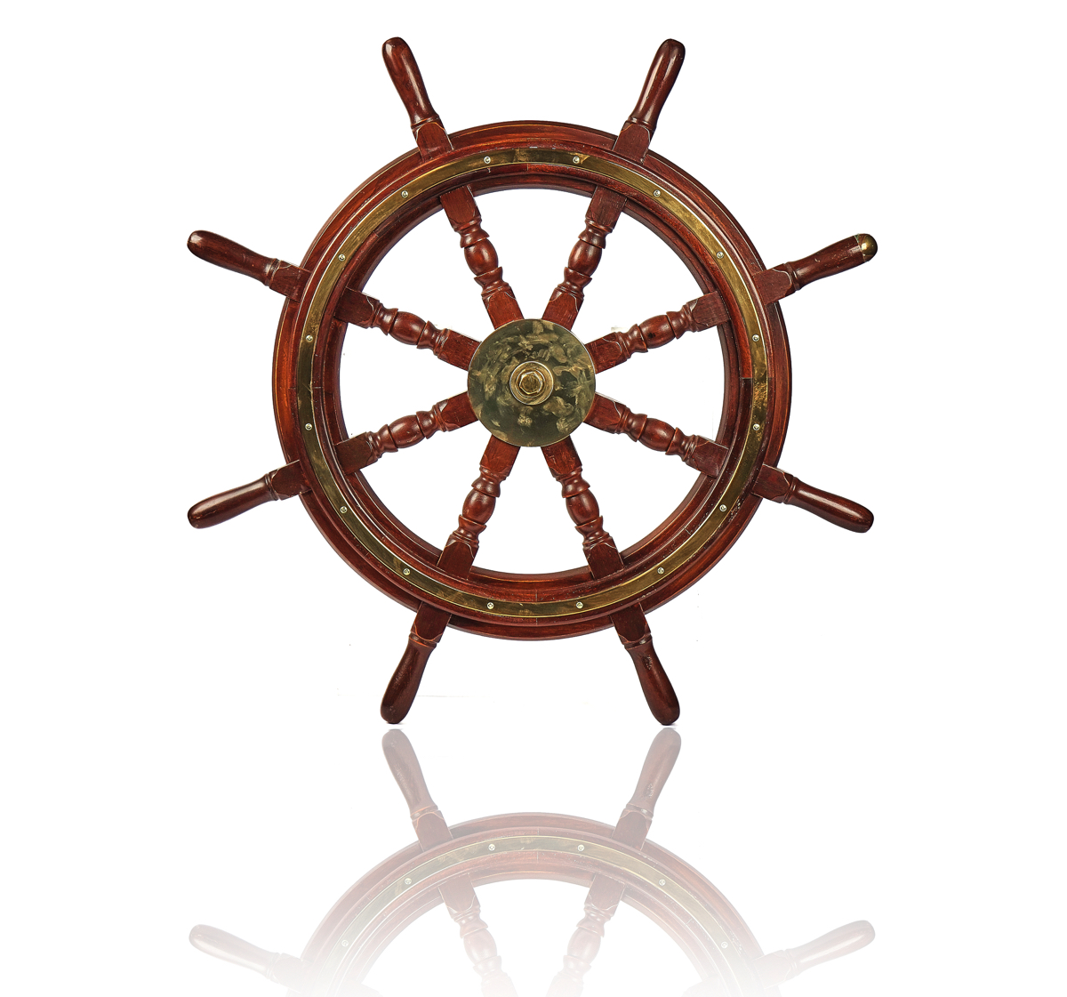 A BRASS-BOUND TEAK SHIP'S WHEEL