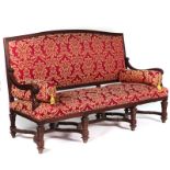 A FRENCH 18TH CENTURY STYLE STAINED BEECH HUMPBACK OPEN ARM SOFA