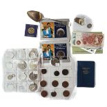 A COLLECTION OF BRITISH AND FOREIGN COINS, BANK NOTES AND A SILVER TABLESPOON (QTY)