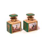 A PAIR OF PARIS PORCELAIN GREEN-GROUND RECTANGULAR PERFUME BOTTLES AND STOPPERS
