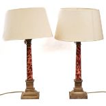 A PAIR OF SILVER PLATED AND MARBLE MOUNTED CORINTHIAN COLUMN TABLE LAMPS