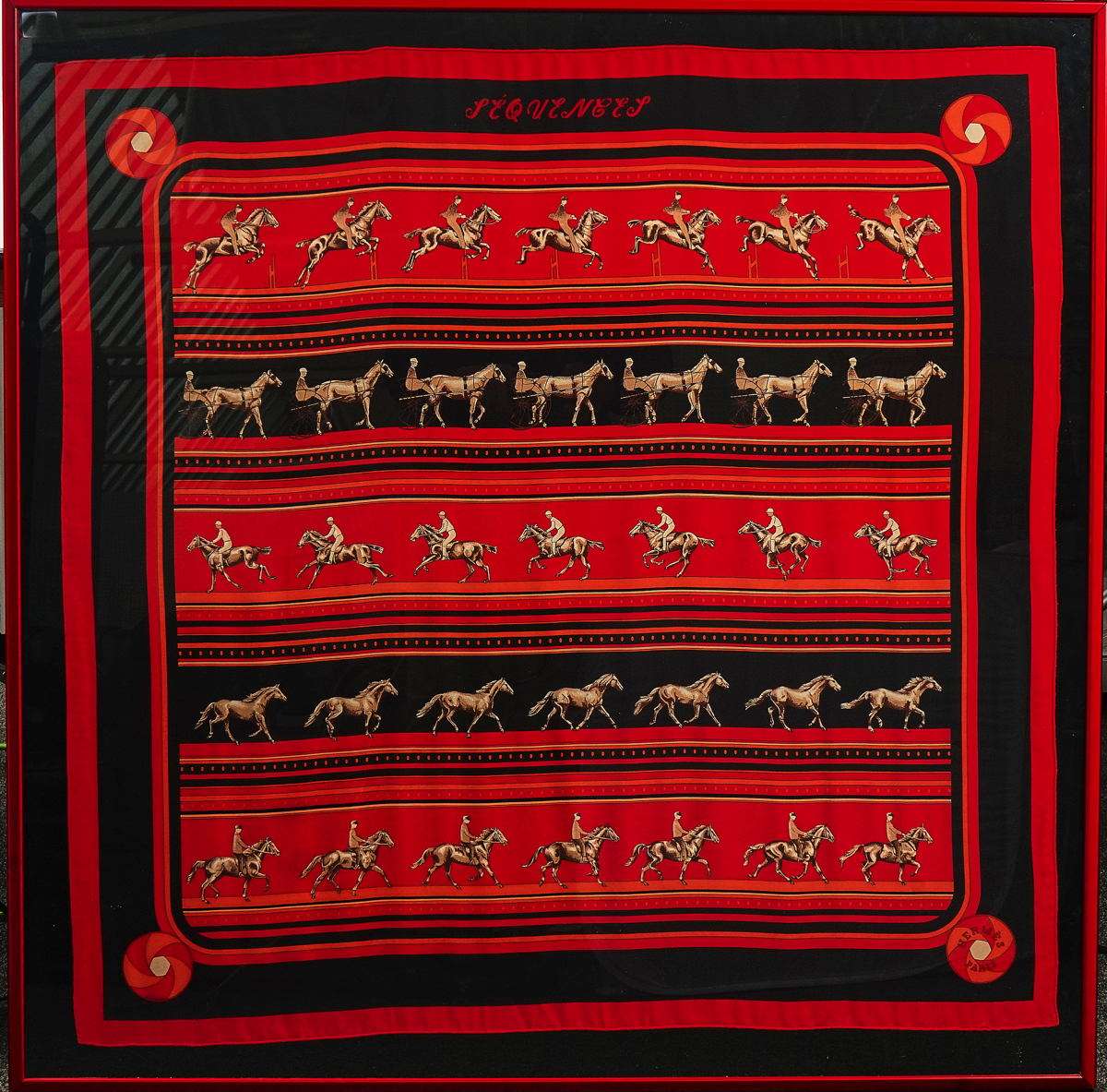 CATY LATHAM FOR HERMES; A RED, BLACK AND ORANGE SILK SCARF, ‘SEQUENCES’