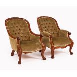 A NEAR PAIR OF VICTORIAN MAHOGANY FRAMED TUB BACK EASY ARMCHAIRS (2)