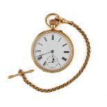 AN 18CT GOLD CASED KEYLESS WIND OPENFACED POCKET WATCH AND A CHAIN (2)