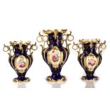 A GARNITURE OF THREE ENGLISH PORCELAIN BLUE GROUND TWO-HANDLED VASES