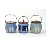 THREE WEDGWOOD BLUE JASPER DIP BISCUIT BARRELS WITH PLATED COVERS AND MOUNTS
