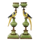 A PAIR OF METAL-MOUNTED CERAMIC CELADON AND POLYCHROME PARROT CANDLESTICKS (2)