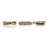 A 9CT GOLD, SAPPHIRE AND DIAMOND RING AND TWO FURTHER GEM SET RINGS (3)