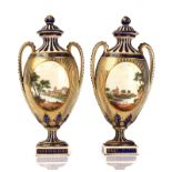 A PAIR OF CHELSEA-DERBY TWO-HANDLED SLENDER OVOID VASES AND COVERS