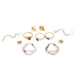 THREE 9CT GOLD AND GEM SET RINGS AND FOUR PAIRS OF EARRINGS (7)