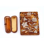 A VICTORIAN CARD CASE AND A 9CT GOLD MOUNTED AMBER CHEROOT HOLDER (2)