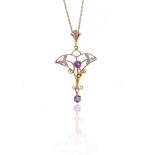 A GOLD, AMETHYST AND DIAMOND PENDANT WITH A GOLD NECKCHAIN (2)