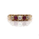 A GOLD, RUBY AND DIAMOND FIVE STONE RING