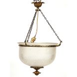 A REGENCY STYLE GILT-BRASS MOUNTED FROSTED GLASS HANGING LIGHT