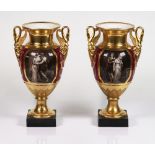 A PAIR OF PARIS PORCELAIN CLARET AND GILT GROUND TWO-HANDLED VASES