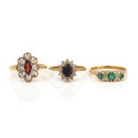 THREE 9CT GOLD AND GEM SET RINGS (3)